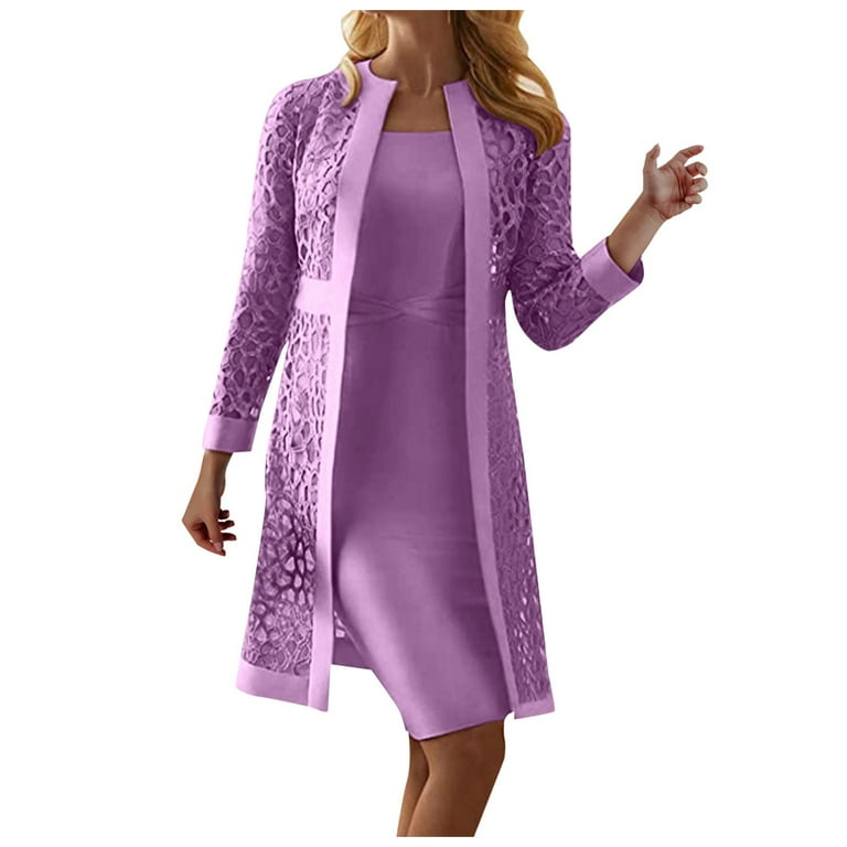 Elegant Solid Lace Hollowed Out Long Sleeve Two Pieces(Purple/M)