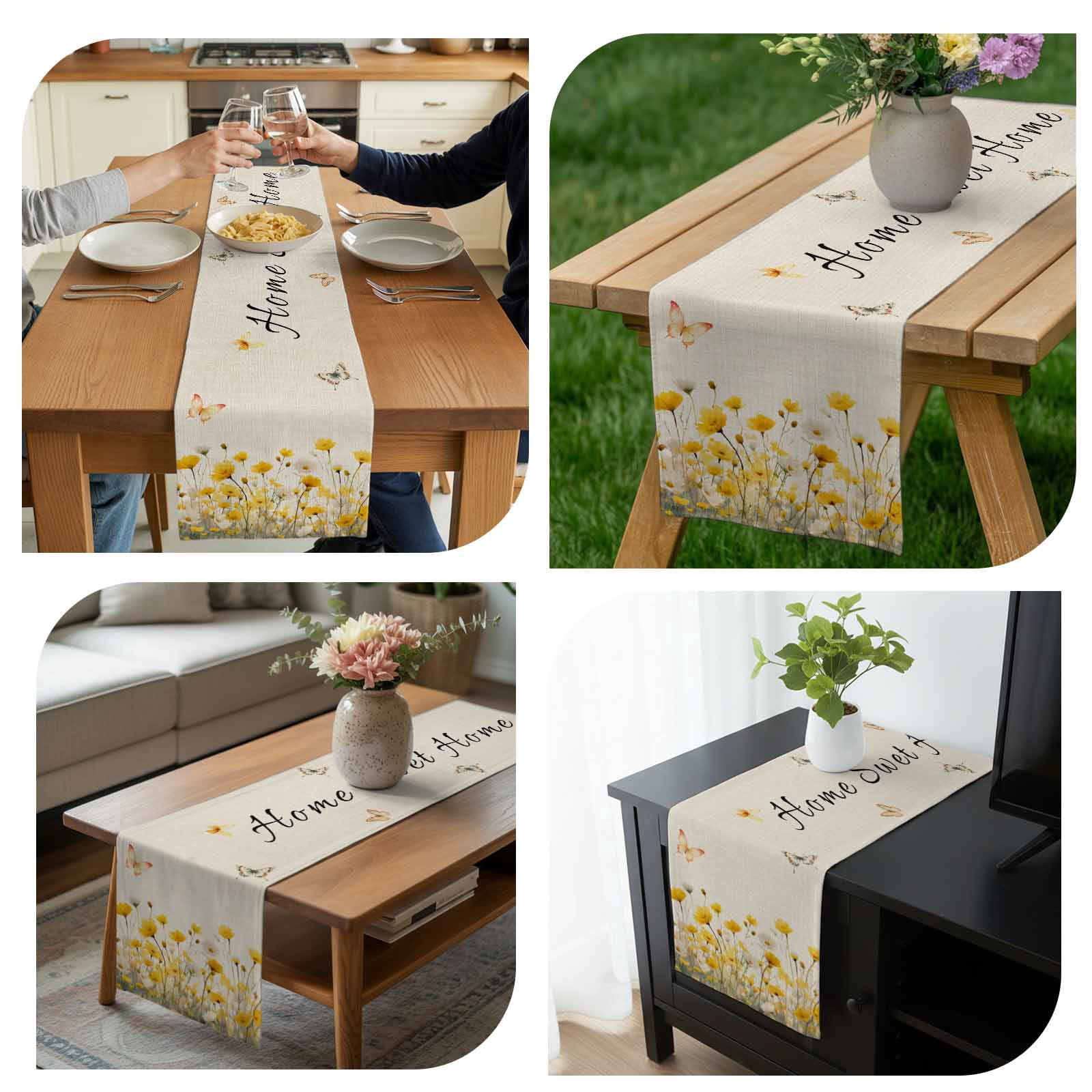 Home Sweet Home Cotton Linen Table Runner Watercolor Spring White Yellow Floral Butterfly Linen Texture Dining Table Runners for Home Decor Party Dining Room Restaurant Kitchen 13" x 108"