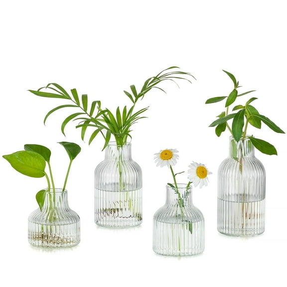 Glasseam Set of 4 Ribbed Glass Bud Vases: Modern Mini Flower Vases for Centerpieces, Clear Small Table Decor for Wedding, Living Room, Kitchen Shelf (Handmade Boho Home Decor)