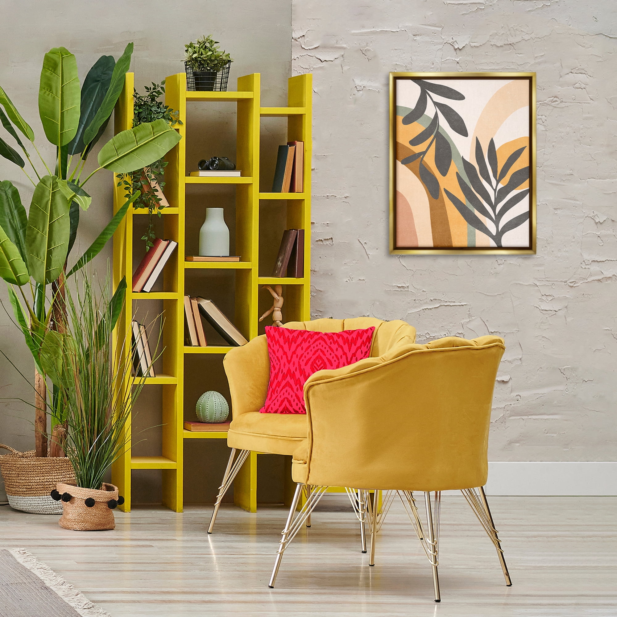 Stupell Industries Retro Sage Boho Plants Landscape & Nature Painting Gold Floater Framed Canvas Art Print Wall Art, 17 x 21