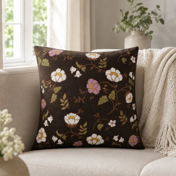 LOWLHOME Velvet Embroidered Floral Brown Decorative Pillow, 18" x 18", Embroidered Floral Decorative Cushion, Soft Square Accent Pillow for Bedroom Living Room