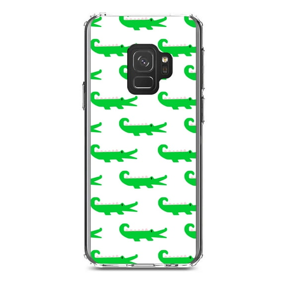 DistinctInk Clear Shockproof Hybrid Case for Samsung Galaxy S9 (5.8" Screen) - TPU Bumper, Acrylic Back, Tempered Glass Screen Protector - Green White Alligators - Cartoon Alligators