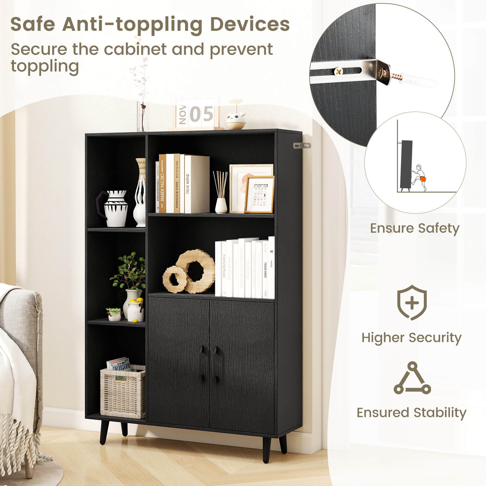 Costway Free Standing Storage Cabinet with 5 Open Shelves Double Door Cabinet Metal Legs Black