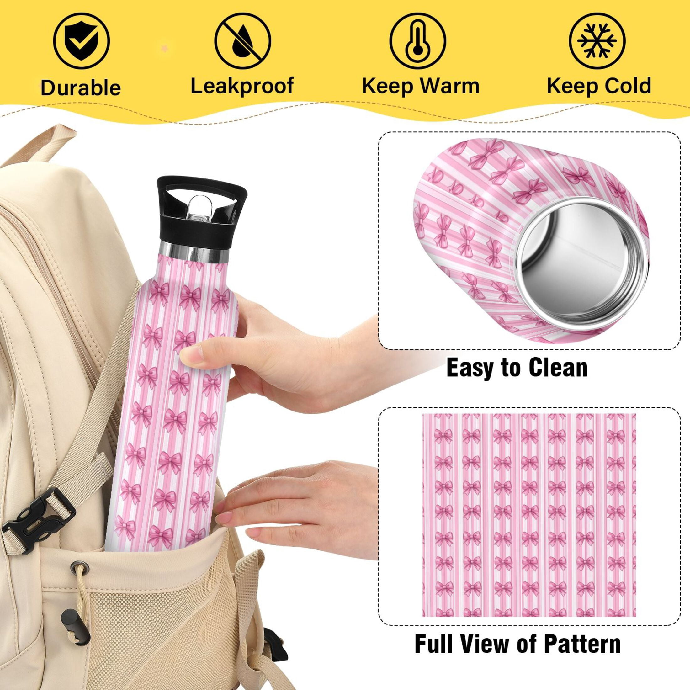 Kids Insulated Stainless Steel Sports Water Bottle 600ml (20oz) Pink Bows