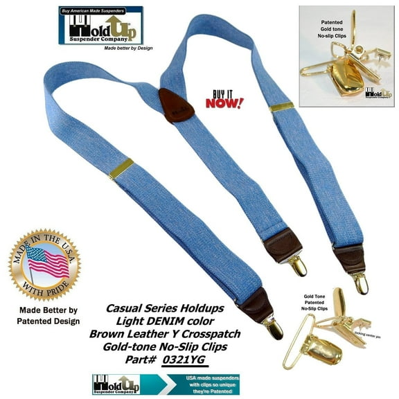 Holdup Suspender Company's Light Blue Denim Y-back Suspenders 1 1/2" width with Patented No-slip Gold-tone Clips