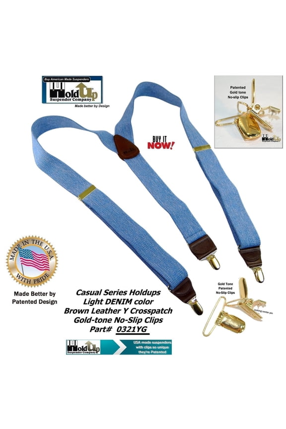 Company's Light Blue Denim Y-back Suspenders 1 1/2" width with Patented No-slip Gold-tone Clips
