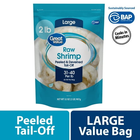 Great Value Frozen Raw Large Peeled and Deveined, Tail-off Shrimp Value Bag, 2 lb (31-40 Count per lb)