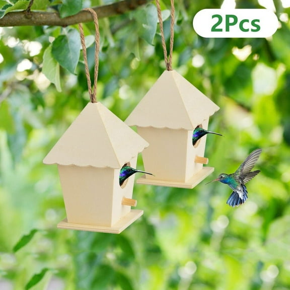 2PCS Wooden Bird House Outdoor Bird House Hanging Nests Box Garden Patio DIY Decorative for Wren Swallow Ready to paint and decorate with your favorite colors and stickers