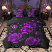 Manfei Romantic Purple Rose 7-Piece Twin Bedding Sets, Western Valentines Day Bedding Comforter Set, Teens Adult Men Women Reversible Sheet Sets, Luxury Bedroom Decor
