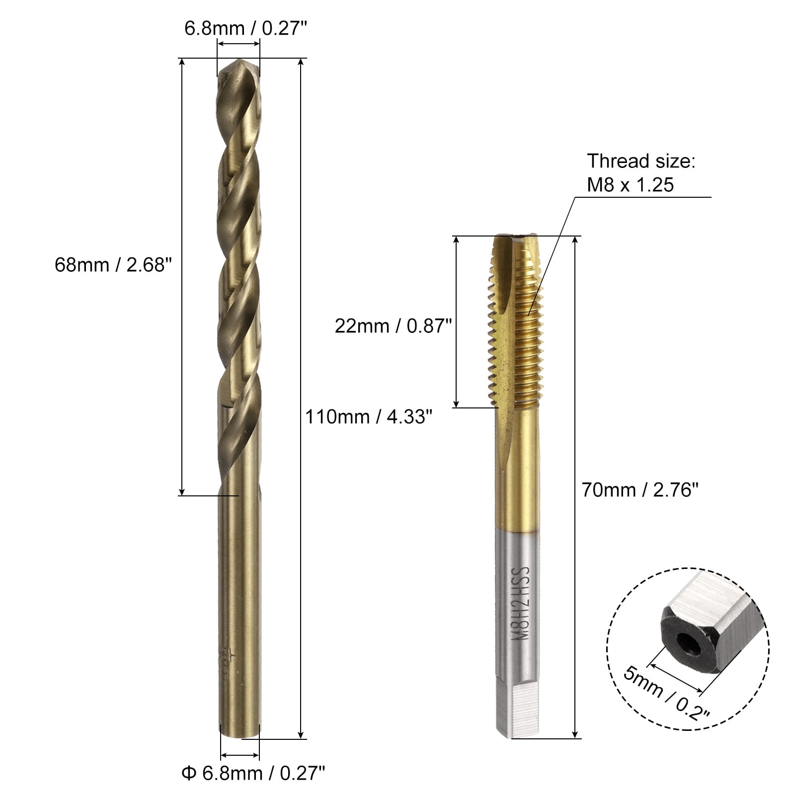 Uxcell Tap and Drill Bit Set, 2pcs M8 x 1.25 Spiral Point Tap Ti-Coated & 2pcs 6.8mm Drill Bit Roasted Yellow
