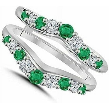 beryl_creation 925 Sterling Silver 2.40 Ct Round Cut Diamond & Green Emerald Enhancer Wrap Guard Engagement Wedding Women's Ring 14k White Gold Finish
