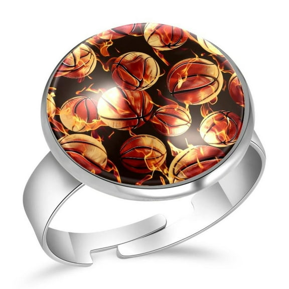 PhooArto Basketball Fire Pattern Stainless Steel Rings for Women, Open Adjustable Ring Promise Ring Jewelry Gifts