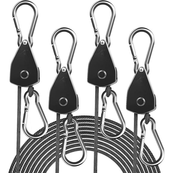 HAHADAXA 4-Pack 1/8" Adjustable Rope Hanger, Heavy Duty Ratchet Tie Down Strap with Reinforced Metal Gear, Ratcheting Pulley System Bungee Cord for Hanging Plants Grow Light and Various Tie-D