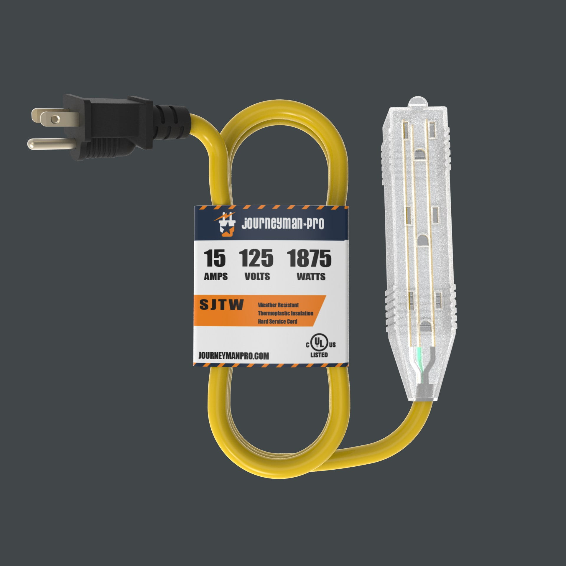 Lighted Outdoor Extension Cord - Heavy Duty Yellow Power Cable Splitter by Journeyman-Pro 5-15P to Three Electrical Outlets (Inline Triple-Tap) 5-15R 15 AMP 125 Volts Short 6' 10' FT (Yellow - 6 FT)