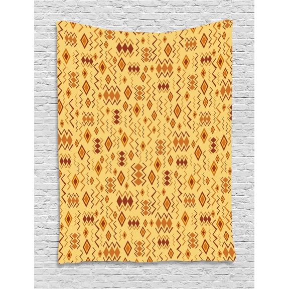 African Tapestry, Tribal Random Doodles Pattern Herringbone Indigenous Art Folk Features, Wall Hanging for Bedroom Living Room Dorm Decor, 40W X 60L Inches, Brown Marigold Mustard, by Ambesonne