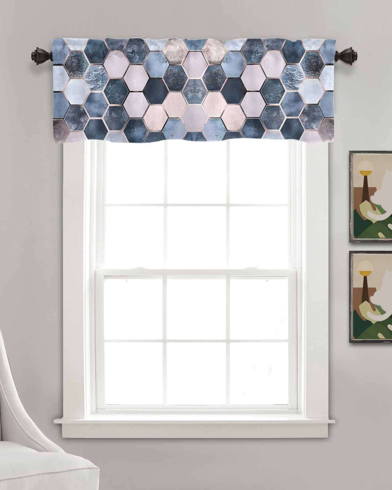 Navy Blue Grey Kitchen Valances for Windows Farmhouse Linen Window Valance Curtain for Living Room Window Treatment Modern Abstract Art Geometric Valance Rod Pocket Topper Drape, 54 x 18 Inch