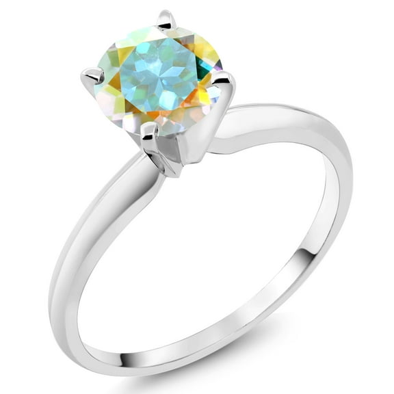 Gem Stone King 14K White Gold Mercury Mist Mystic Topaz Solitaire Engagement 4-Prong Ring for Women | 1.00 Cttw | Round 6MM | Gemstone Birthstone (Size 5)