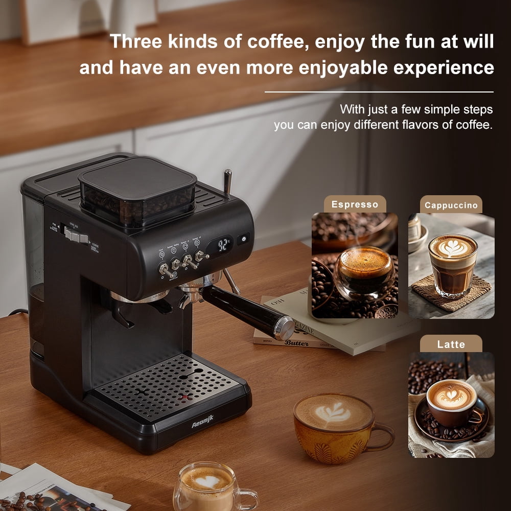 AEOMJK espresso machine with built-in grinder, capable of making both cold and hot coffee, retro design with lever switch, 20BAR pressure for extraction, steam wand for frothing milk, 1.8L removable