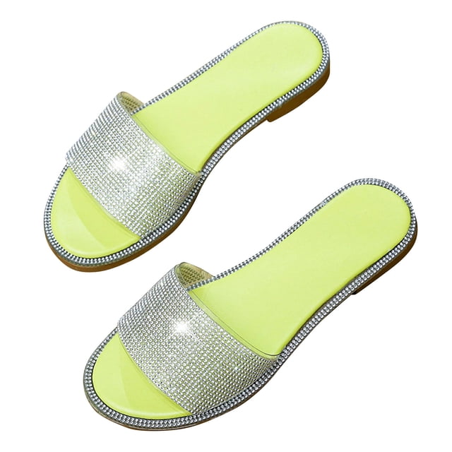Womens Flat Sandals Rhinestone Clear Strap Open Toe Colorful Blingbling Non Slip Lightweight Breathable Summer Beach Sandals Yellow