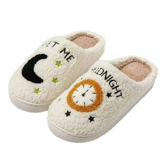 Moon Plush Slippers, Warm Indoor House Shoes for Women Men (Black/White)