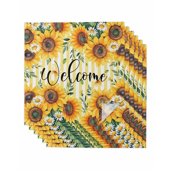 Summer Sunflower Cloth Napkins Set of 6 Reusable Dinner Napkins, Yellow Vertical Striped Leaves Cocktail Napkin Washable Table Napkins for Wedding/Holiday Party/Baby Shower 20"x20"