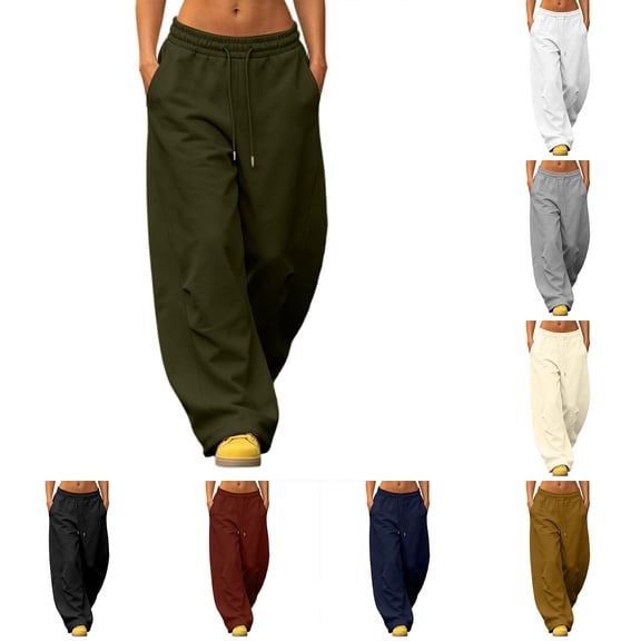 Hilzaten Womens High Elastic Waist Sweatpants Casual Pockets Solid Color Sport Outdoor Drawstring Loose Baggy Straight Leg Sweatpants for Women