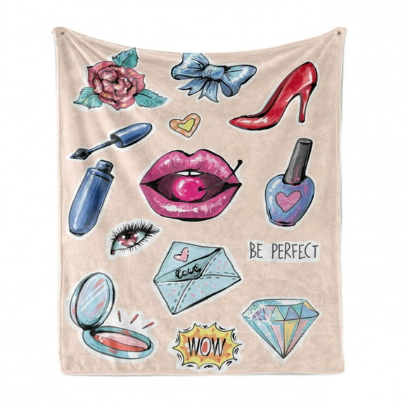 Feminine Soft Flannel Fleece Throw Blanket, Lips Be Perfect High Heels Cosmetics Vintage Female Fashion Lipstick, Cozy Plush for Indoor and Outdoor Use, 50" x 60", Pale Peach Multicolor, by Ambesonne
