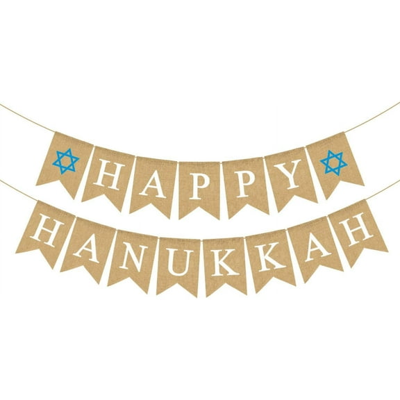 Jute Burlap Happy Hanukkah Banner Rustic Chanukah Holiday Mantel Fireplace Garland Decoration Supply