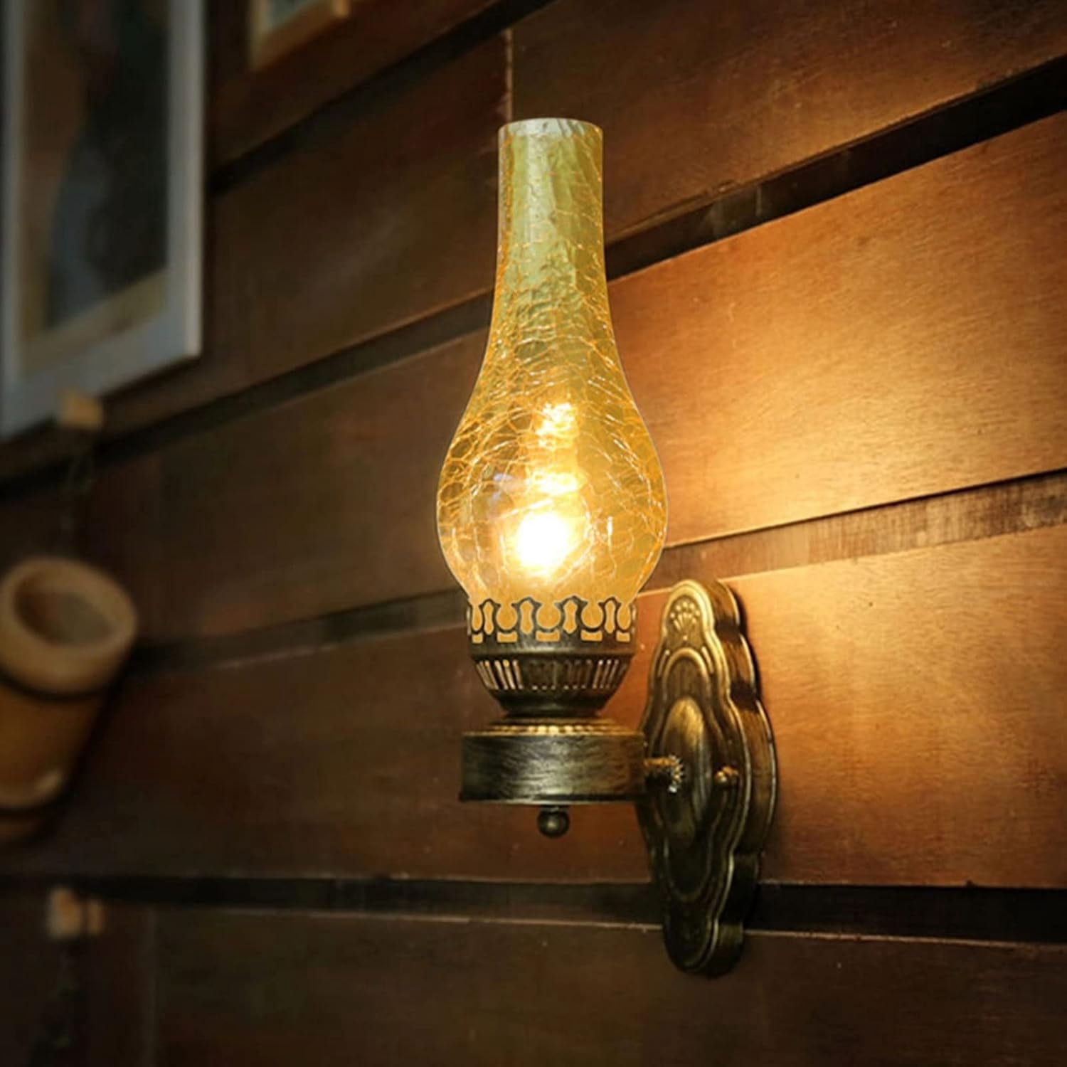 Vintage Wall Light 16.5x4.7in Bronze Tawny Retro Sconce with Crackle-Style Glass Shade & Crown Base