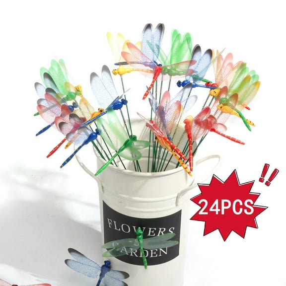 24pcs Simulation Dragonfly Stakes Decors 12'' Artificial Dragonfly Garden Stakes 3D Plastic Colorful Dragonflies Yard Art Ornaments for Planter Pot Flower Arrangement Pathway Patio Decoration