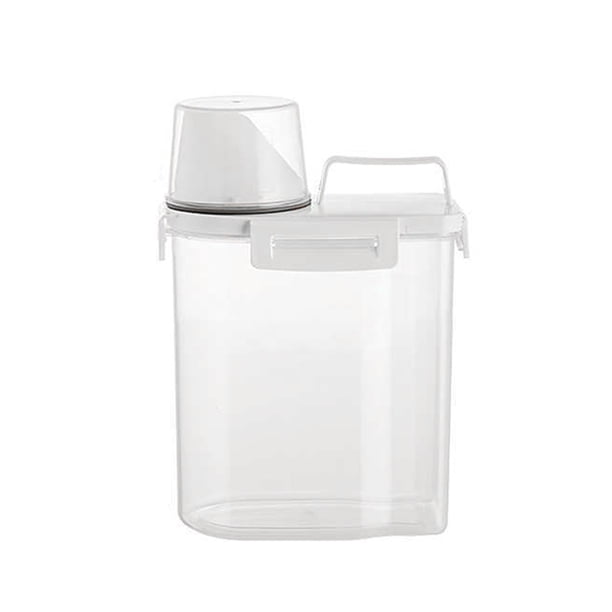 Recipiente para granos con asa ergonómica y diseño de taza medidora, contenedor de almacenamiento con tapa, dispensador de granos de plástico transparente.