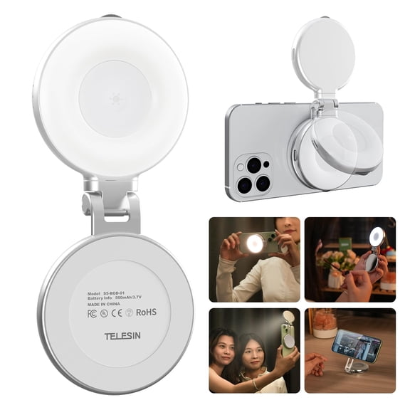 Magnetic Selfie Light Compatible with MagSafe for iPhone – Rechargeable LED Fill Light with Mirror, Foldable Ring Light for Travel & Video