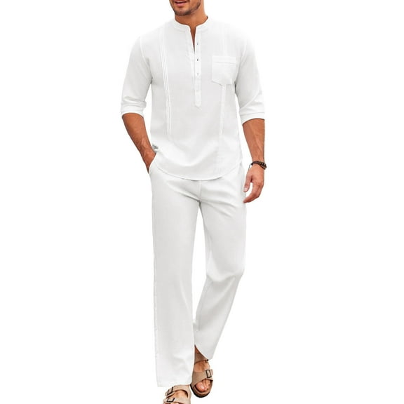 COOFANDY Men's White Linen Pants and Shirt Set Casual Beach Yoga Outfits 2 Piece Cotton Linen Henley Shirts Loose Pants Sets