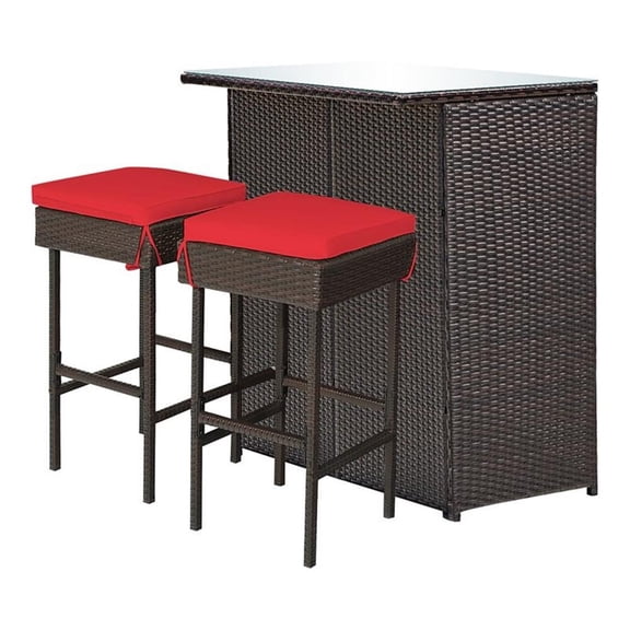 Maklaine 3-piece Rattan and Iron Patio Dining Set with Cushioned Chairs in Red