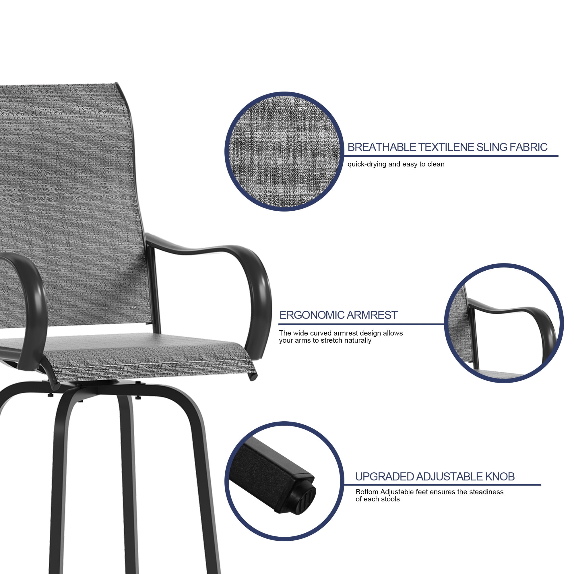 ELPOSUN Swivel High Back Outdoor Bar Stools - Set of 2, Dark Gray