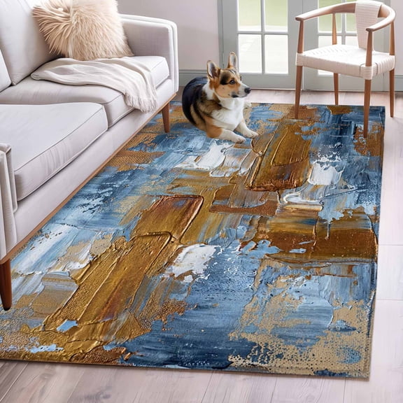 Area Rugs 2.7'x5', Blue Brown Abstract Carpet for Living Room Bedroom Dining Room, Gradient Vintage Oil Painting Modern Art Throw Kitchen Rugs Non Slip Washable Rectangle Indoor Outdoor Rugs