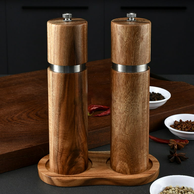Praknu Salt and Pepper Mill Set with Tray - Made from FSC Acacia Wood - Durable Ceramic Grinder - Plastic-Free