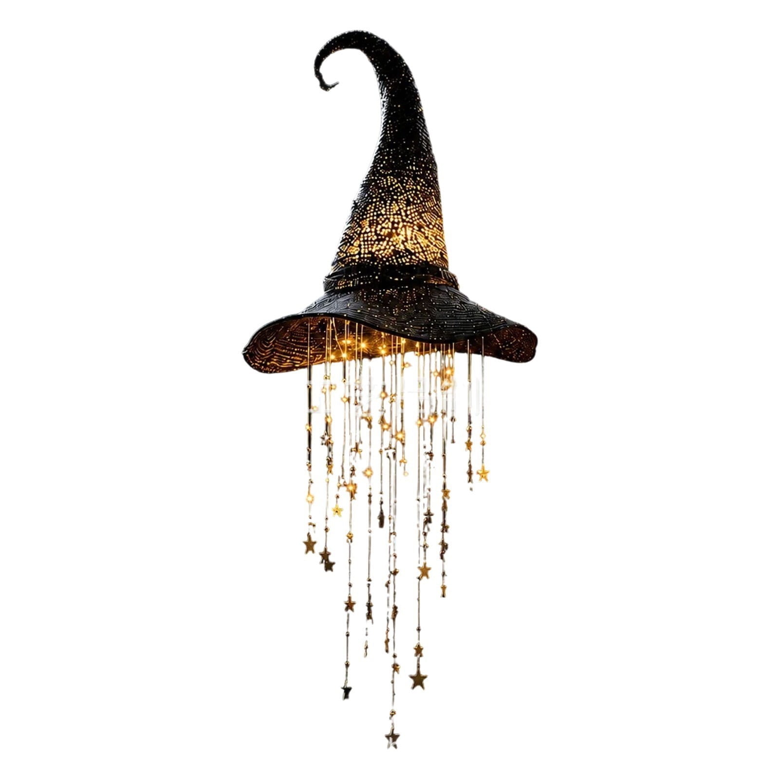 Lighted Witch Hat Hanging Chime, Wind Decor with Glowing Lights For Porch Patio, Black Mesh Lamp Pendants, Indoor Ornament with Cascading Star, Gifts for Entryway of Star Arts