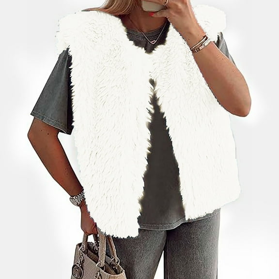 Fanxing Womens Faux Fur Vest Cropped Sleeveless Warm Winter Jacket Shaggy Open Front Outerwear Gilet White L