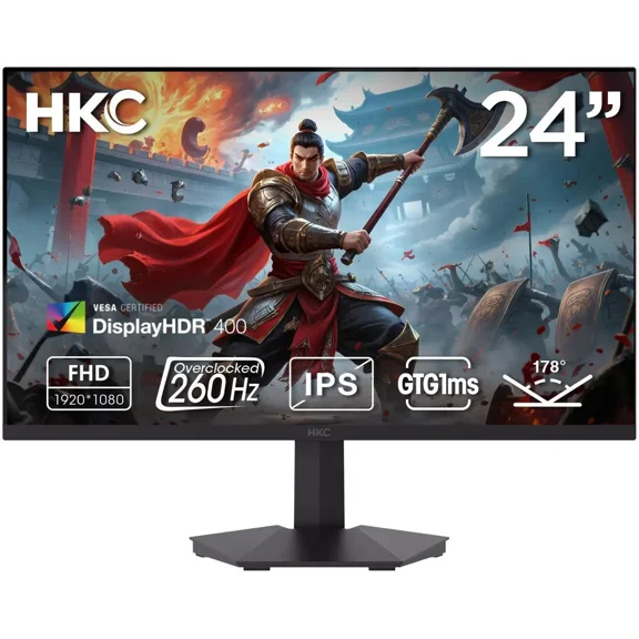 HKC G24H3D 23.8" 1920 x 1080 260Hz Gaming Monitor, Full HD Fast IPS Display, 1ms MPRT, 90% DCI-P3, HDR400, HDMI 2.0 + DP 1.4, Hardware Low Blue Light, Tilt Adjustable, VESA Mount – Black