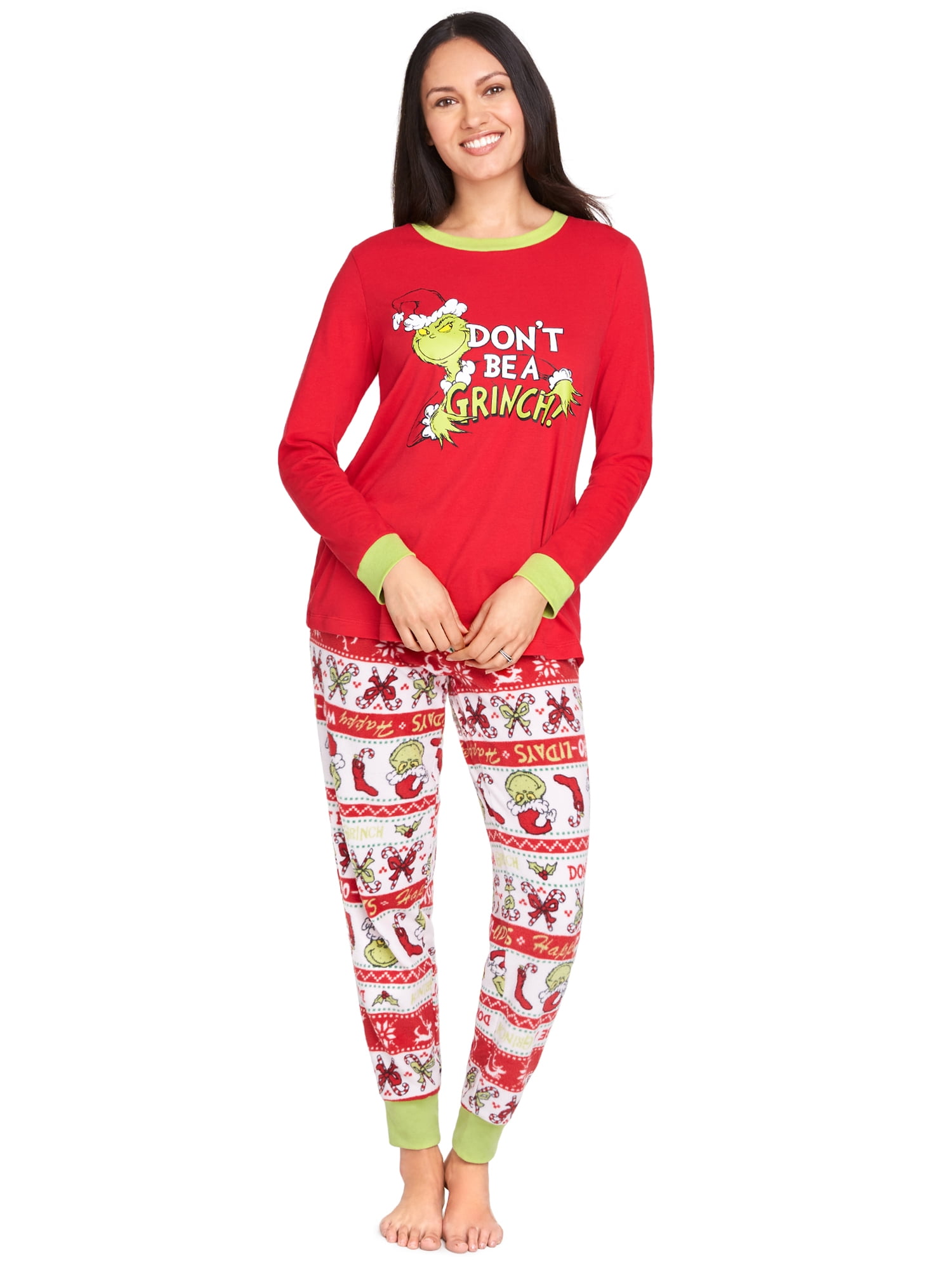 Grinch Family Matching Christmas Pajamas Long Sleeve Sets Round Neck Homewear Outfit Cotton Sleepwear Set Tight-fit 2-Piece Pajama Set