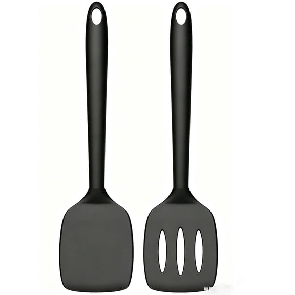 2 Pack Silicone Spatula Set, High Heat Resistant, BPA Free Kitchen Spatula, Solid & Slotted Turner for Non-Stick Pans, Sautéing, and Flipping (2, Pure Black)