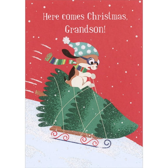 Designer Greetings Puppy Riding Evergreen Tree Strapped to Sled Juvenile Christmas Card for Grandson