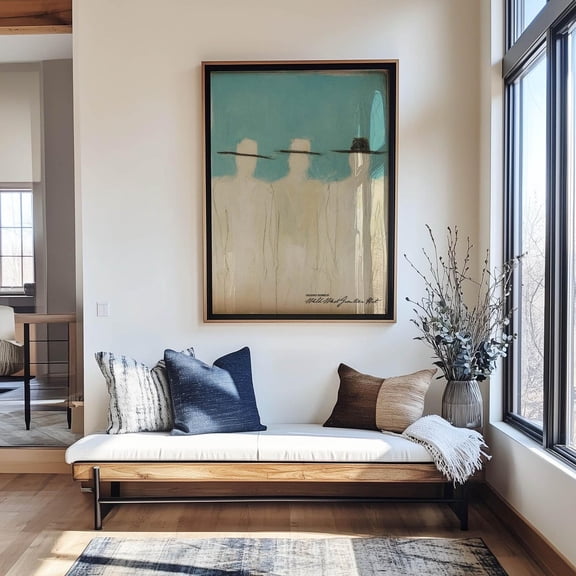 Minimalist Western Abstract Art Print, Three Cowboys In Turquoise And Cream, Modern Southwest Wall Art Poster Home Decor #2958, Unframed Poster Size 8x12