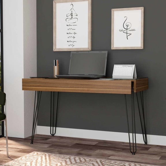 Industrial Style - Glass Top Writing Desk with One Drawer for Storage