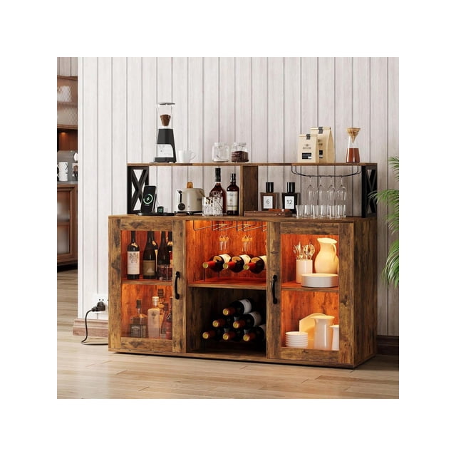 Bingirl Wine Bar Cabinet With LED Light, Industry Coffee Bar Cabinet With Wine Rack, Glass Holder, And Power Outlets, Kitchen Sideboard Buffet Cabinet For Living Room Dining Room,Brown