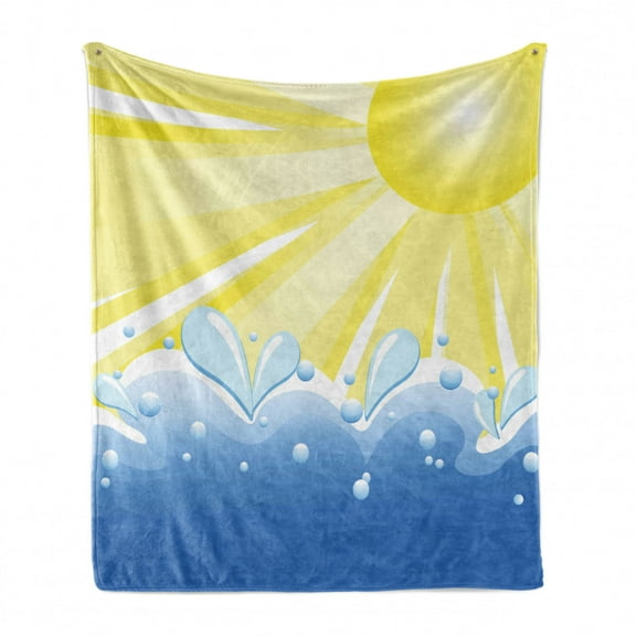 Landscape Soft Flannel Fleece Throw Blanket, Vector Illustration of Sun over the Wavy Sea Summer Theme Print, Cozy Plush for Indoor and Outdoor Use, 70" x 90", Yellow and Blue, by Ambesonne