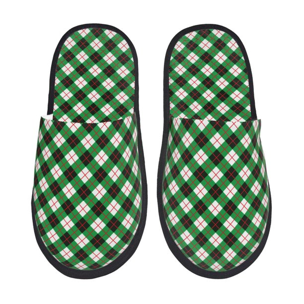 Fotbe Green Argyle Plaid Pantuflas Peludas para Mujer con Estampado, Zapatillas de Peluche, Zapatos de Invierno para Casa, Uso Interior y Exterior-Large