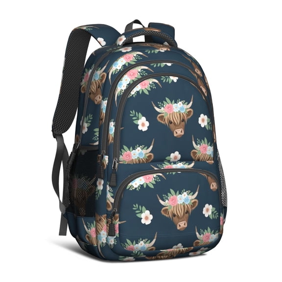Highland Cow and Flower Print Backpack for School, Cute School Bag with Adjustable Shoulder Straps and Padded Back, 16.9"x12.6"x5.9"
