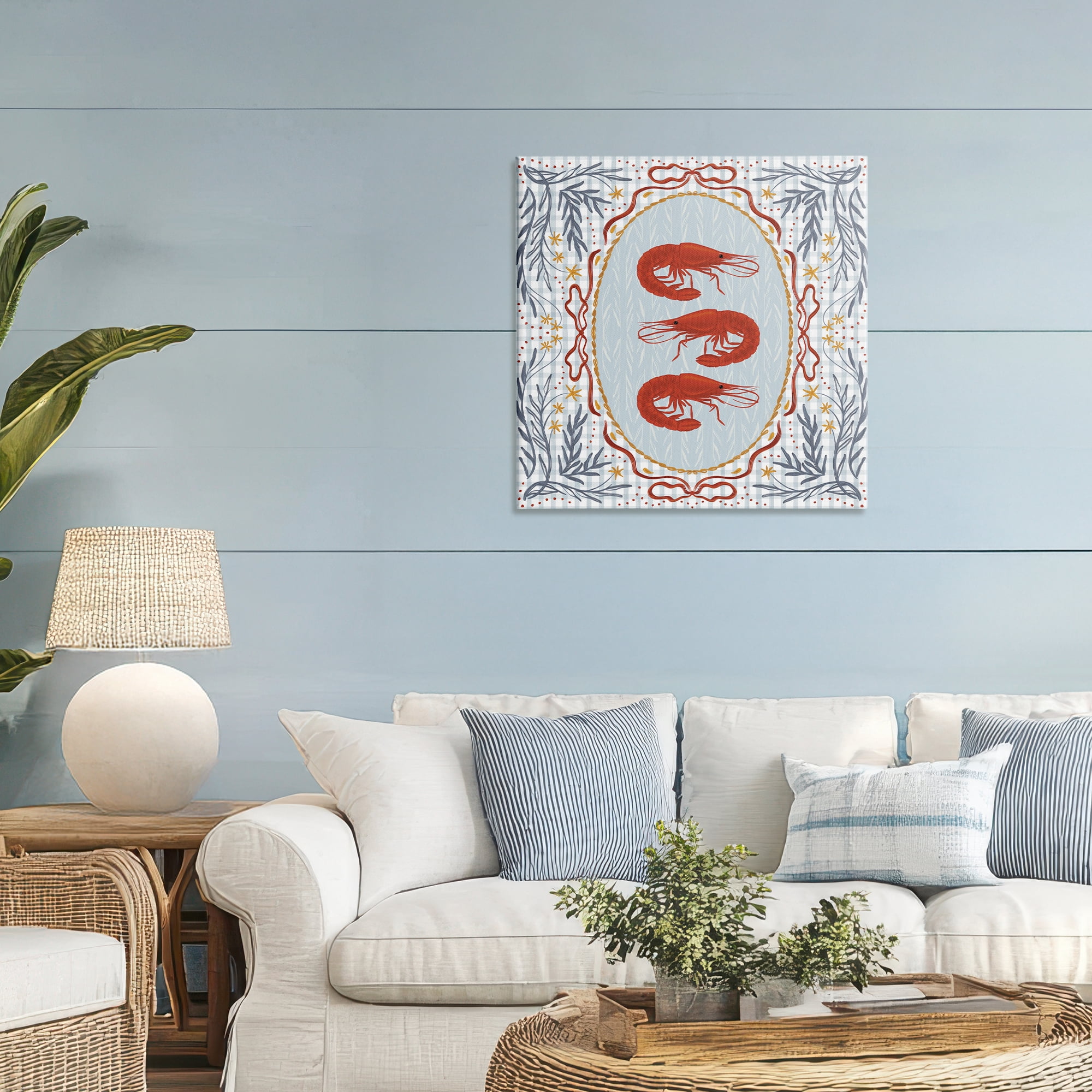 Stupell Industries Prawn Trio on Blue Gingham Canvas Wall Art, design by Vero Illustrates